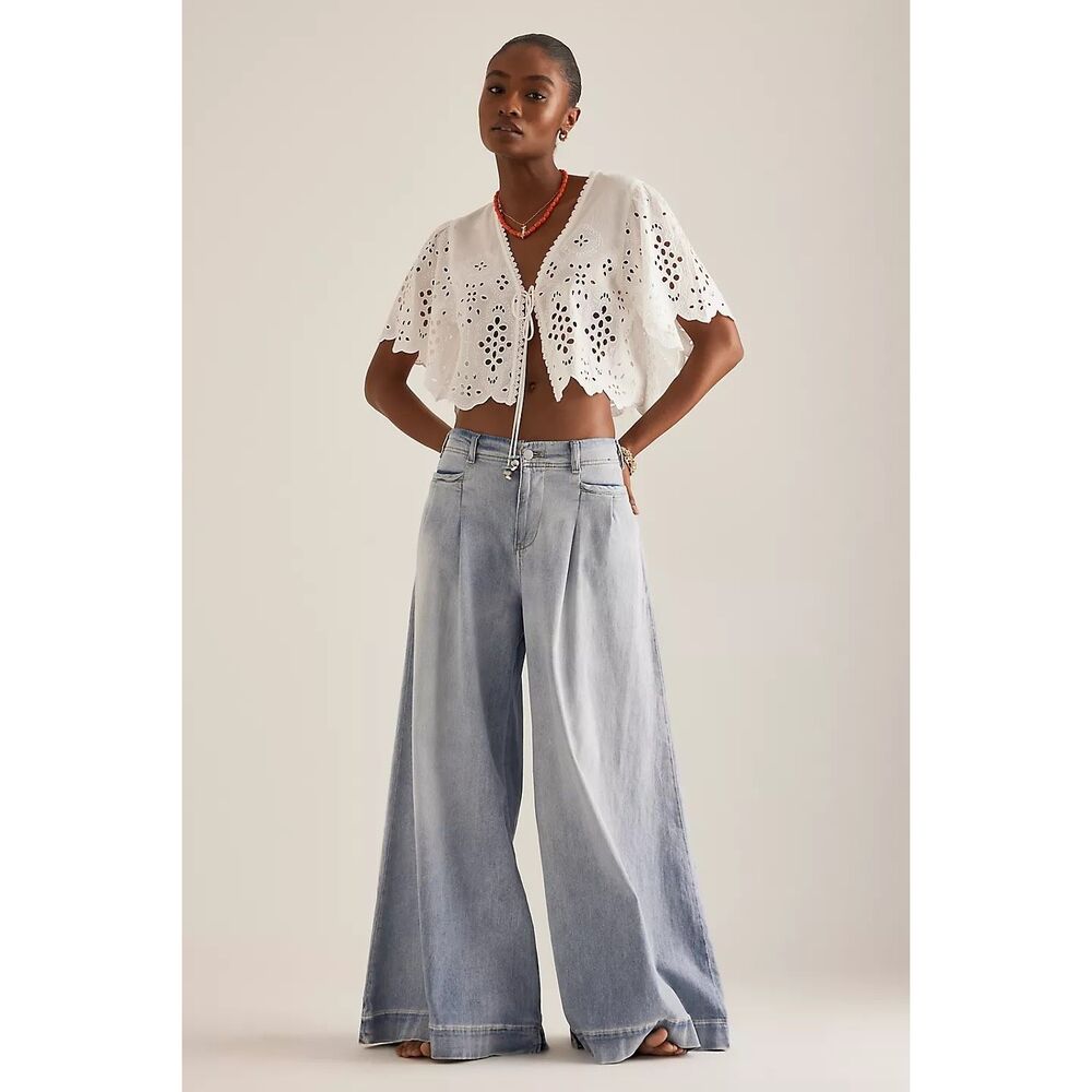 Anthropologie x Maeve Tie-Front Eyelet Cropped Blouse Size OS